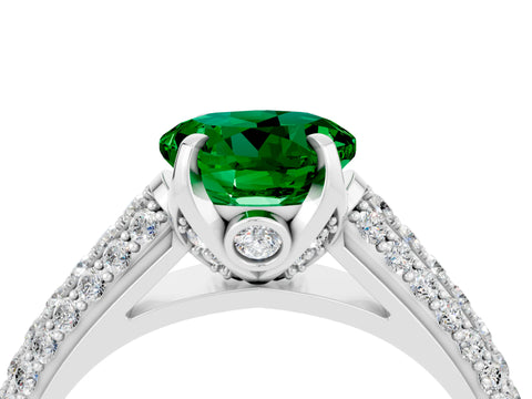 White gold Round Cut Emerald Solitaire Ring with Three-Row Pavé Band and Four-Prong Setting_16