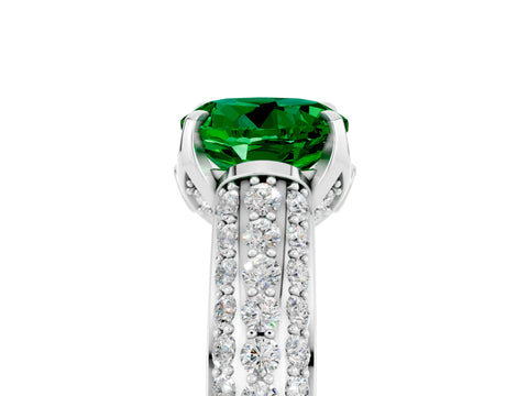 White gold Round Cut Emerald Solitaire Ring with Three-Row Pavé Band and Four-Prong Setting_17