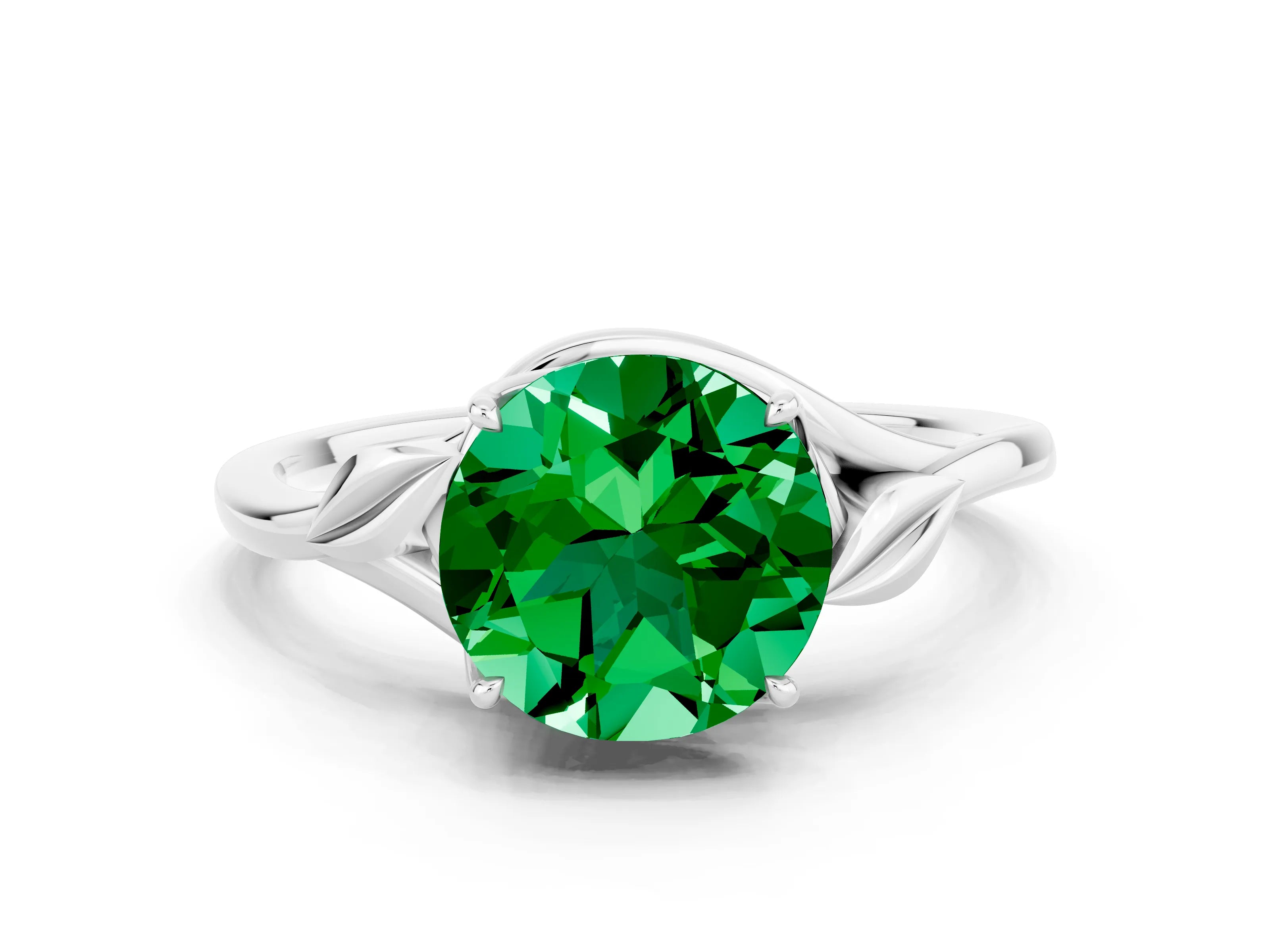 White gold Round Cut Emerald Solitaire Ring with Twist Band and Four-Prong Setting_12