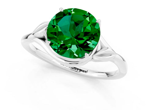 White gold Round Cut Emerald Solitaire Ring with Twist Band and Four-Prong Setting_13