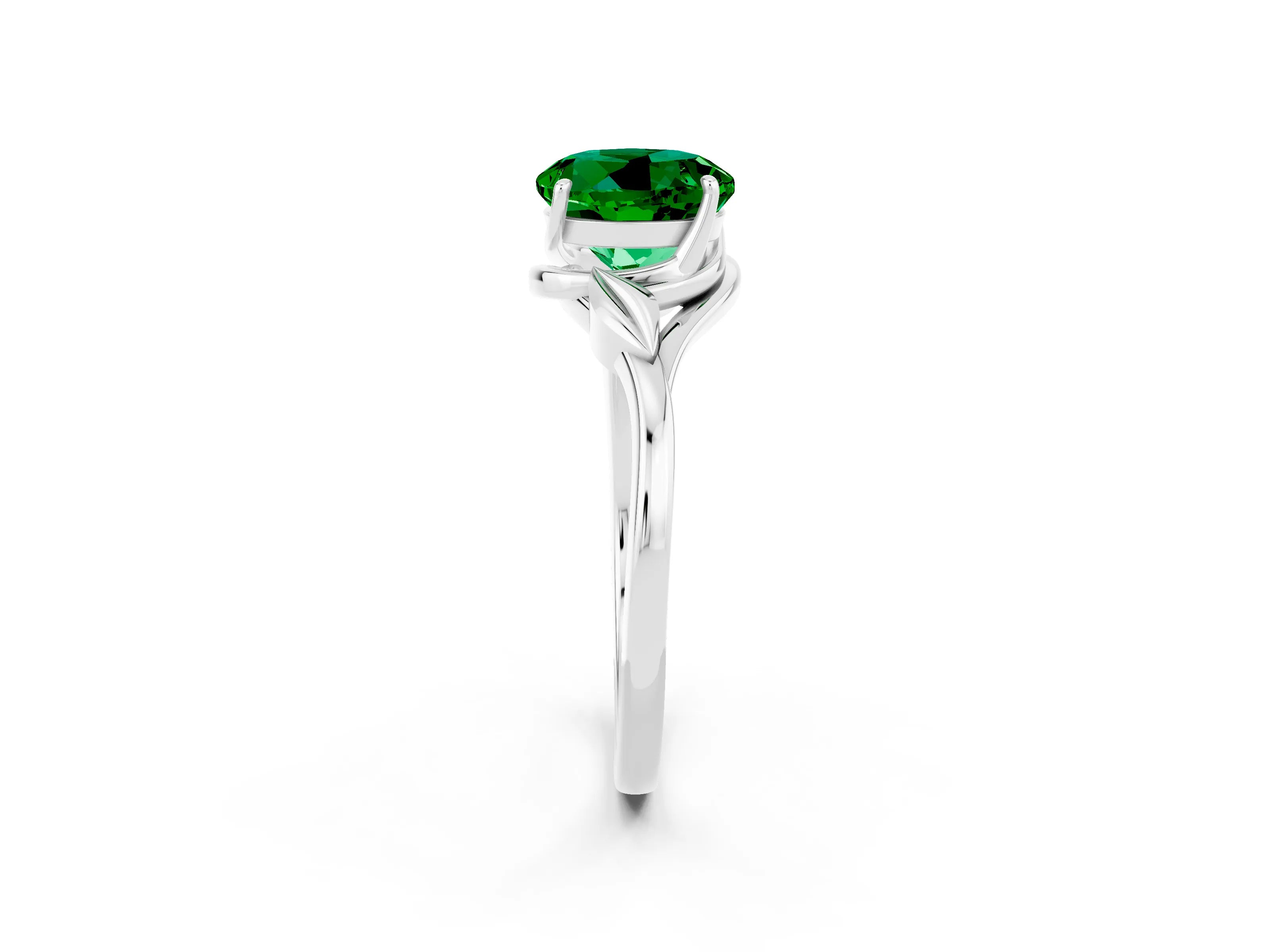 White gold Round Cut Emerald Solitaire Ring with Twist Band and Four-Prong Setting_14