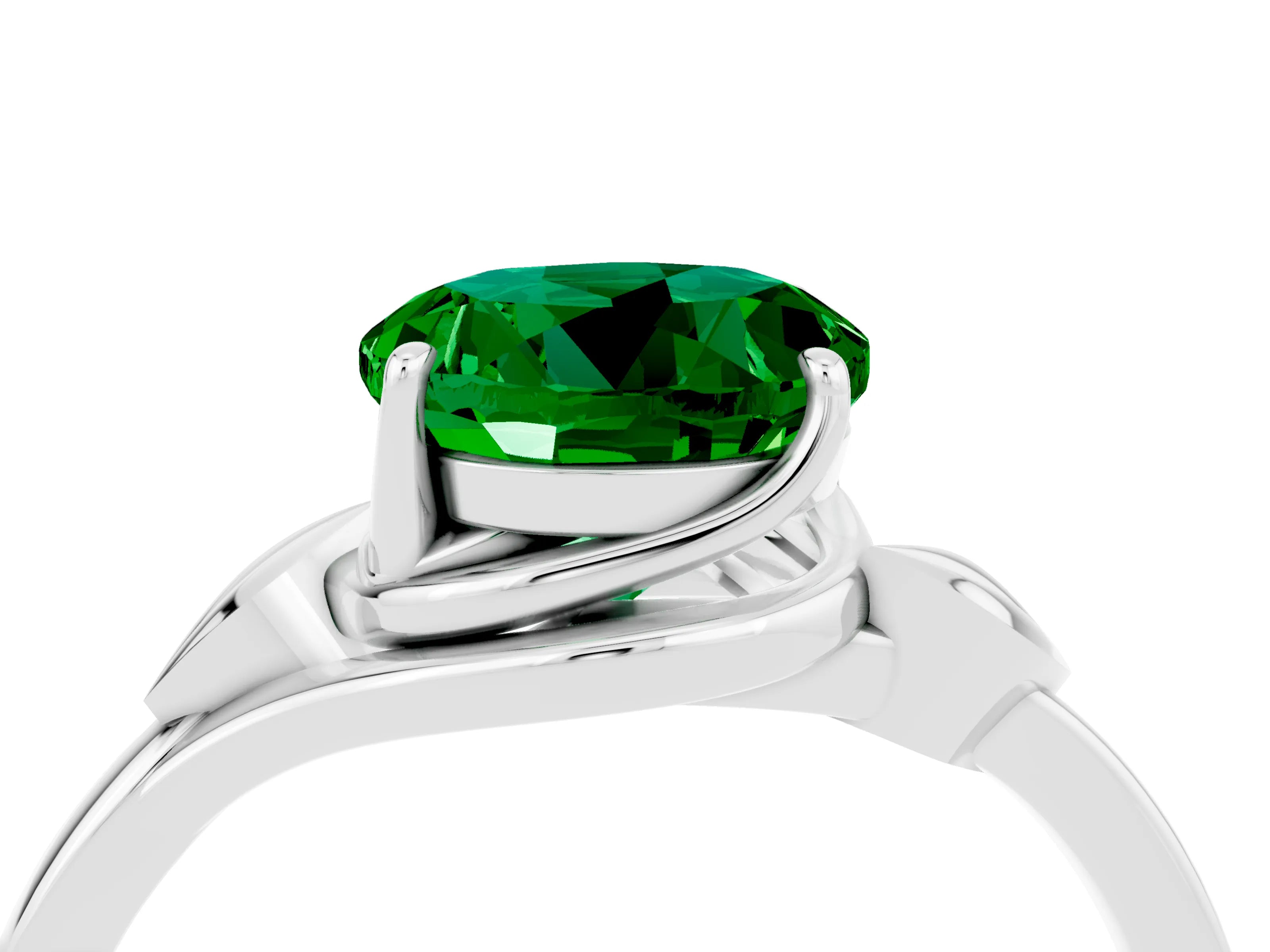 White gold Round Cut Emerald Solitaire Ring with Twist Band and Four-Prong Setting_16