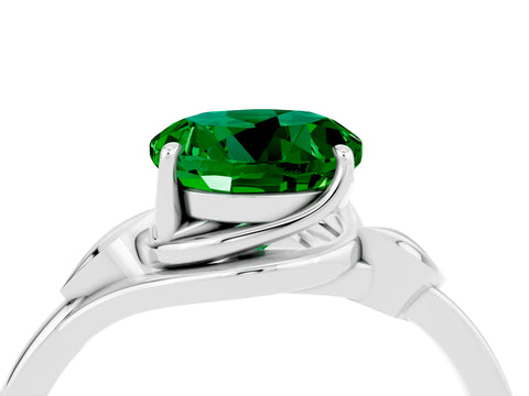 White gold Round Cut Emerald Solitaire Ring with Twist Band and Four-Prong Setting_16