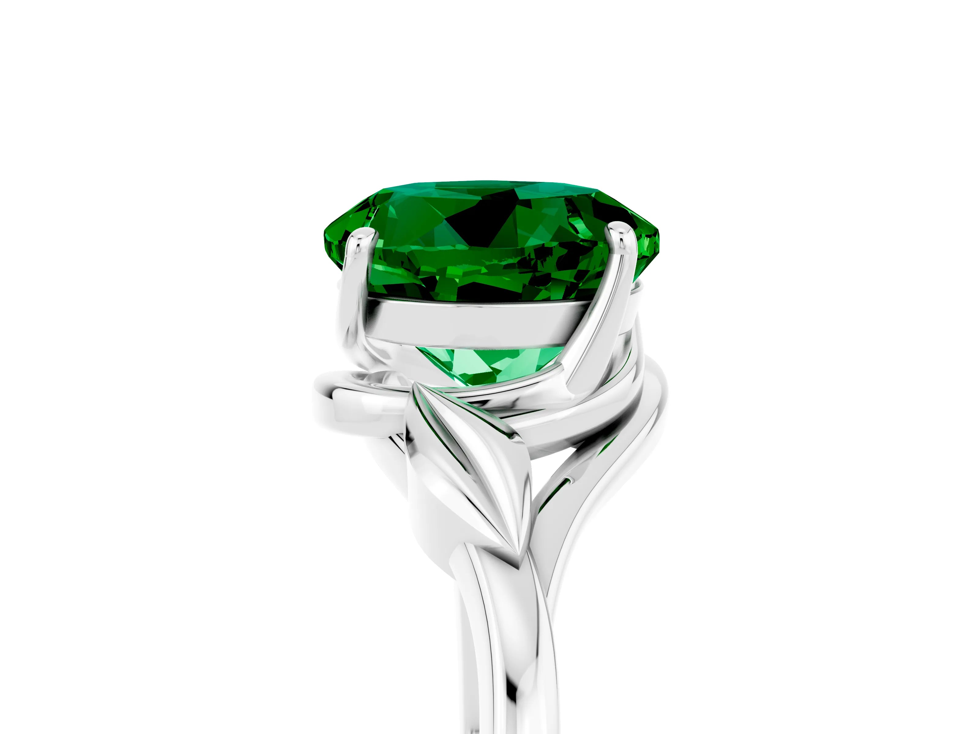 White gold Round Cut Emerald Solitaire Ring with Twist Band and Four-Prong Setting_17