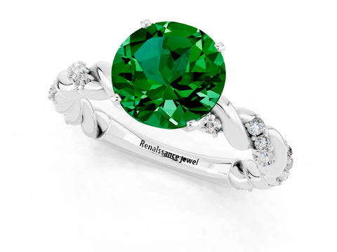 White gold Round Cut Emerald Solitaire Ring with Twisted Band and Pavé Accents_1