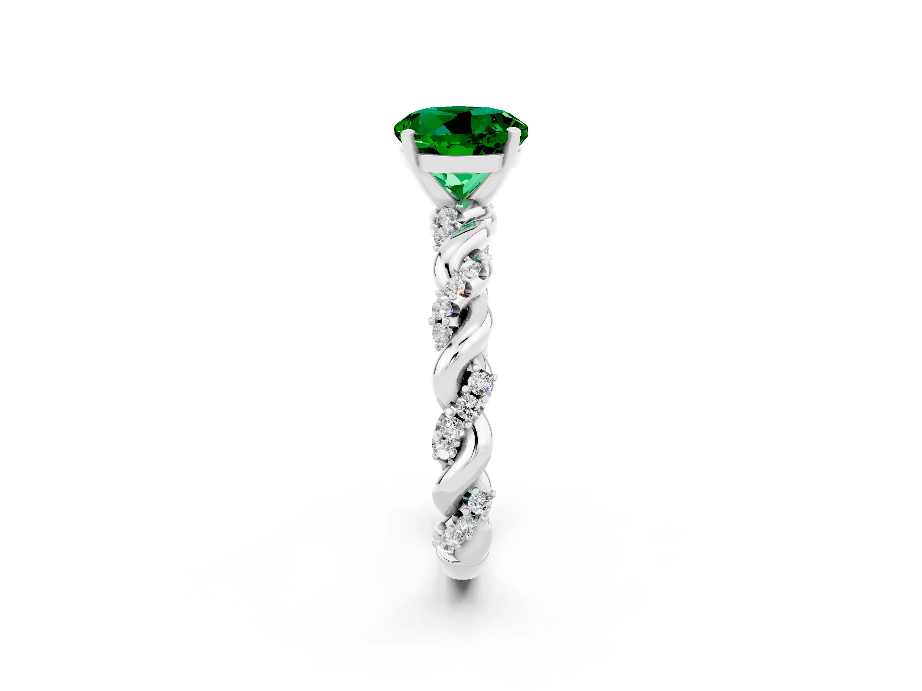 White gold Round Cut Emerald Solitaire Ring with Twisted Band and Pavé Accents_2