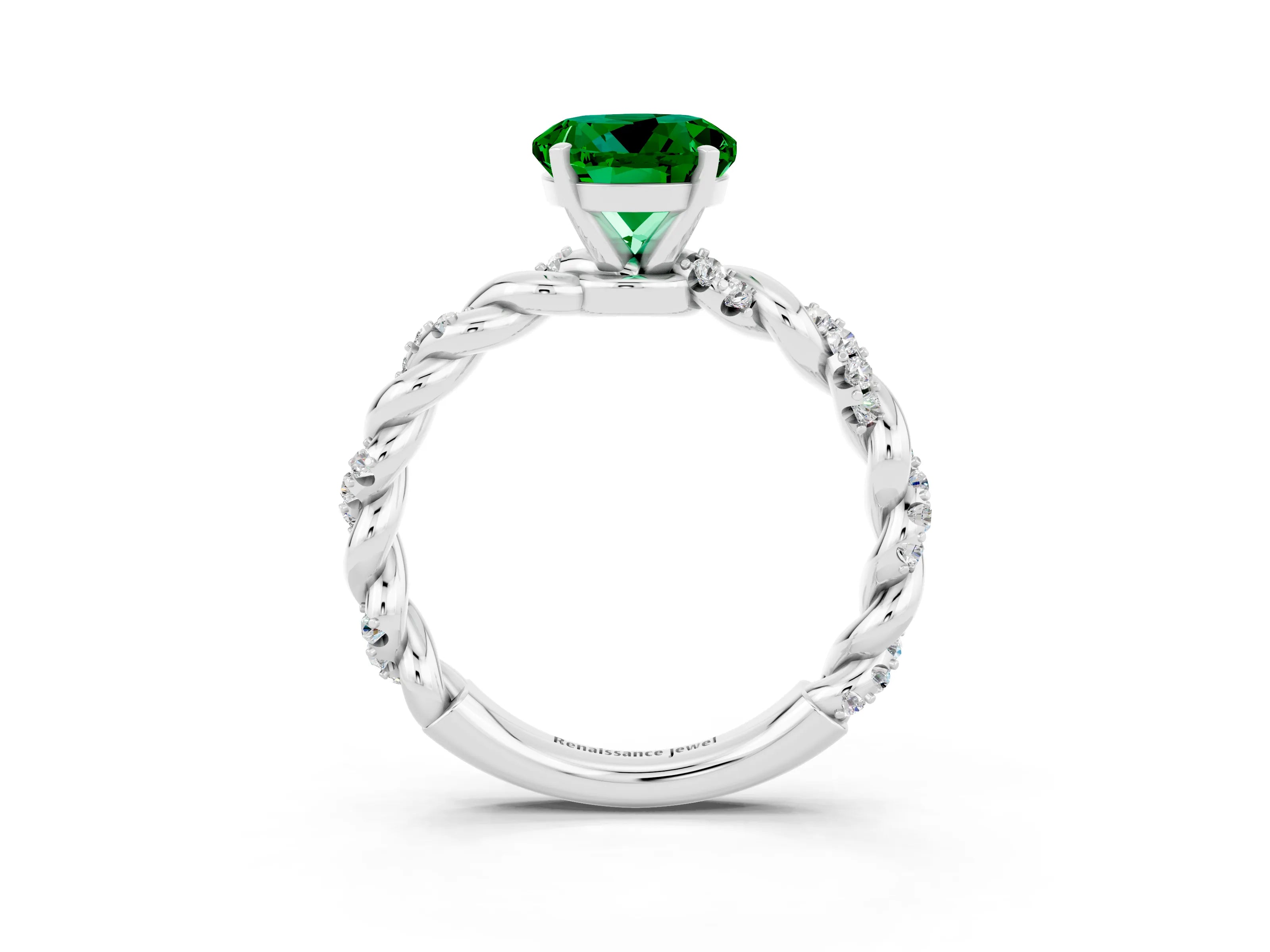 White gold Round Cut Emerald Solitaire Ring with Twisted Band and Pavé Accents_3