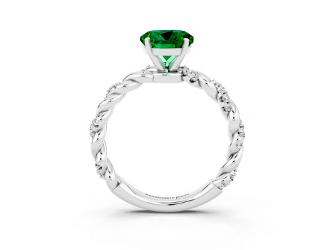 White gold Round Cut Emerald Solitaire Ring with Twisted Band and Pavé Accents_3