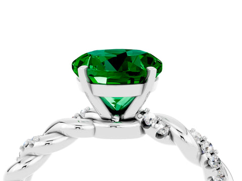 White gold Round Cut Emerald Solitaire Ring with Twisted Band and Pavé Accents_4