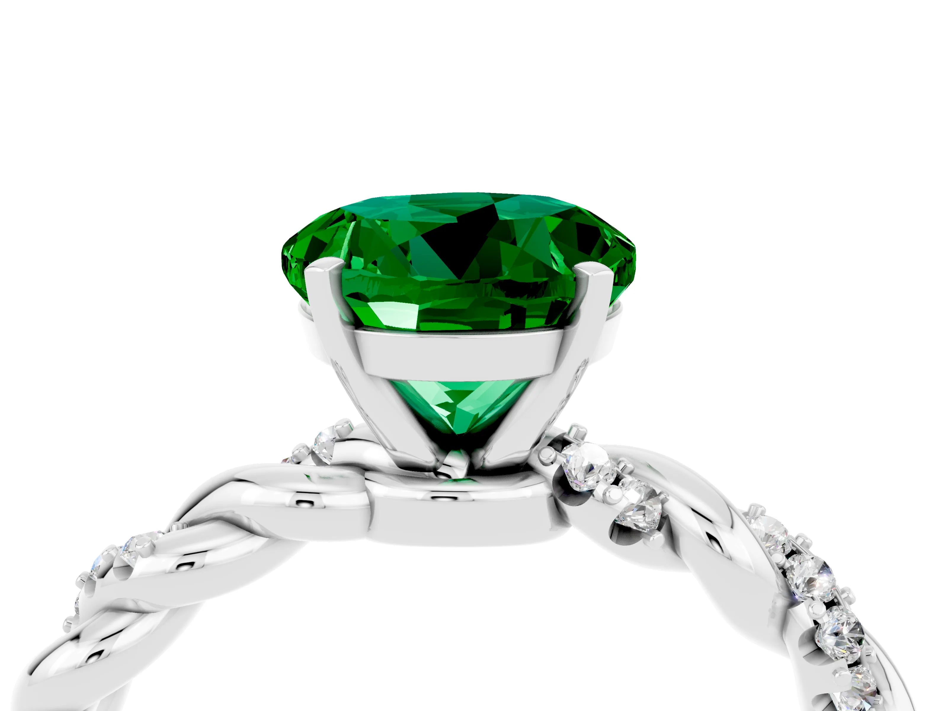 White gold Round Cut Emerald Solitaire Ring with Twisted Band and Pavé Accents_4