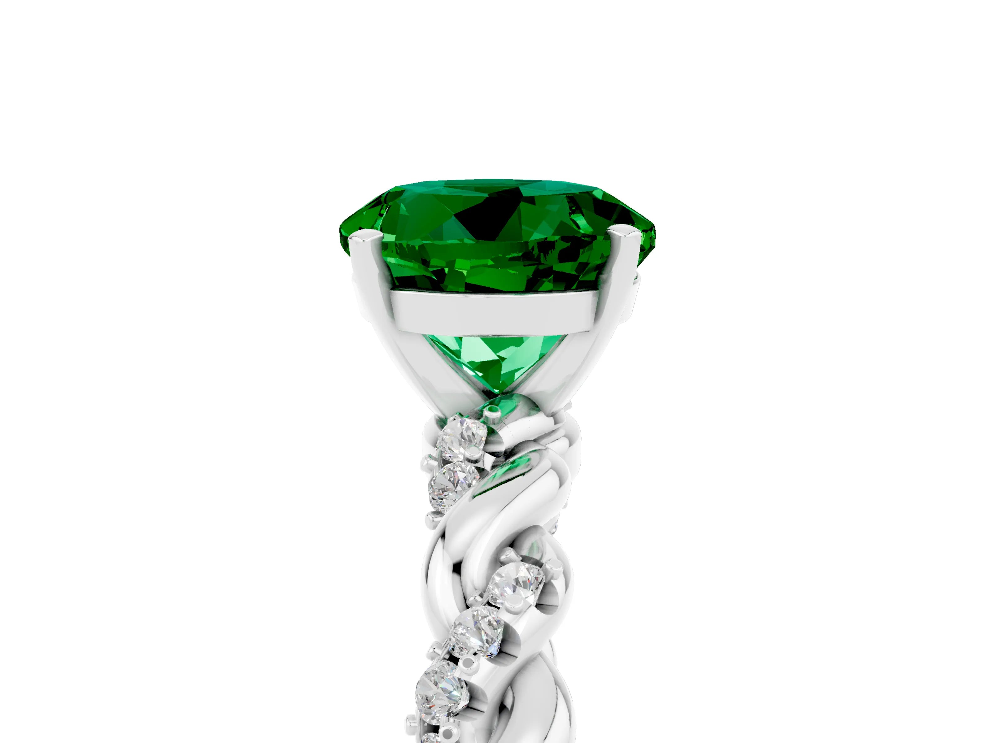 White gold Round Cut Emerald Solitaire Ring with Twisted Band and Pavé Accents_5
