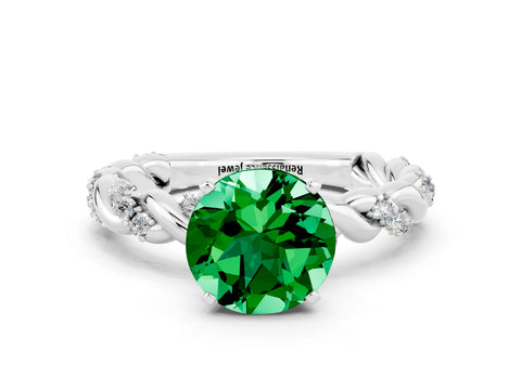 White gold Round Cut Emerald Solitaire Ring with Twisted Band and Pavé Accents