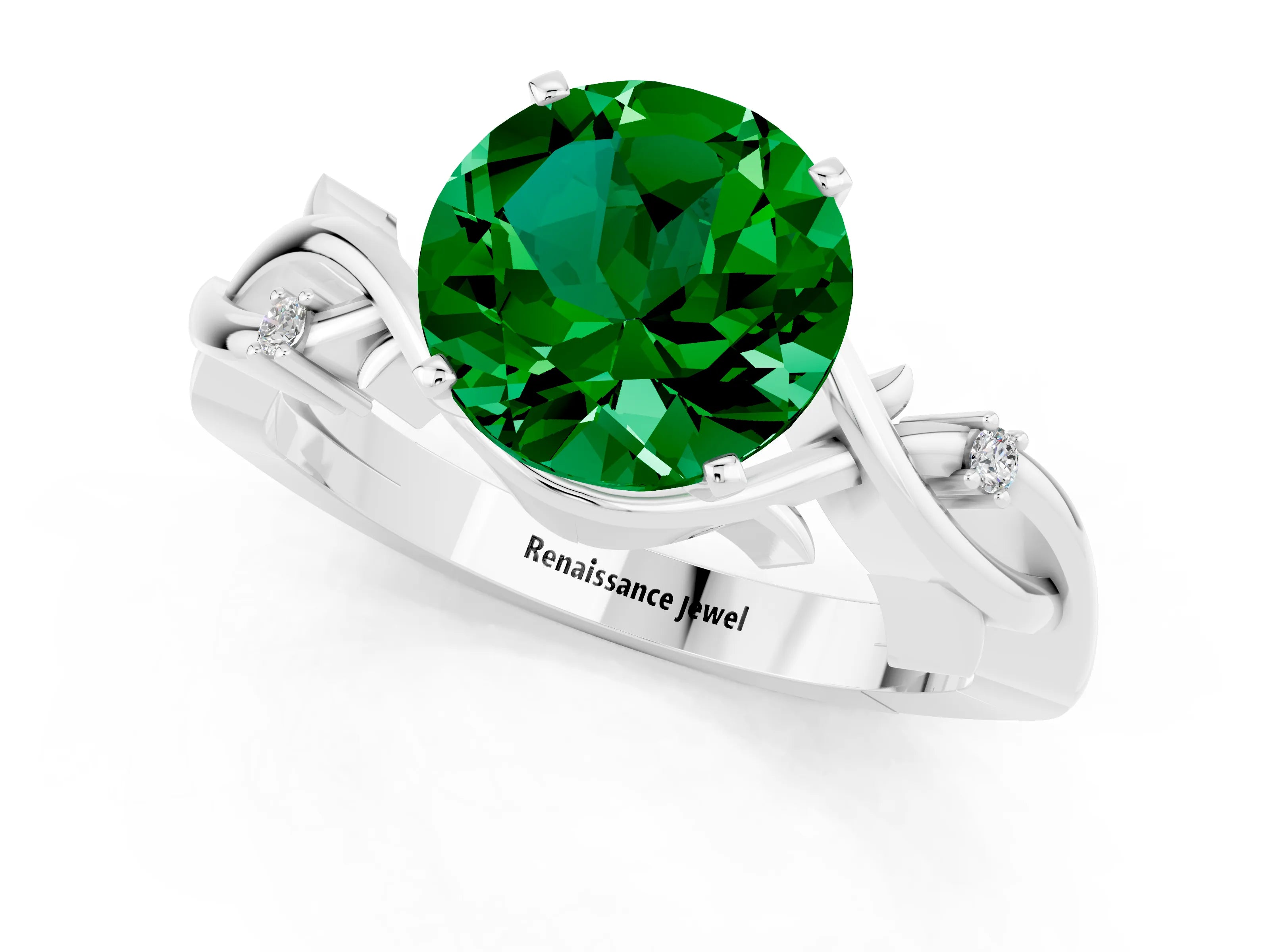 White gold Round Cut Emerald Solitaire Ring with Twisted Band and Prong Setting_1