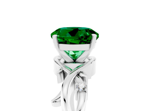 White gold Round Cut Emerald Solitaire Ring with Twisted Band and Prong Setting_17