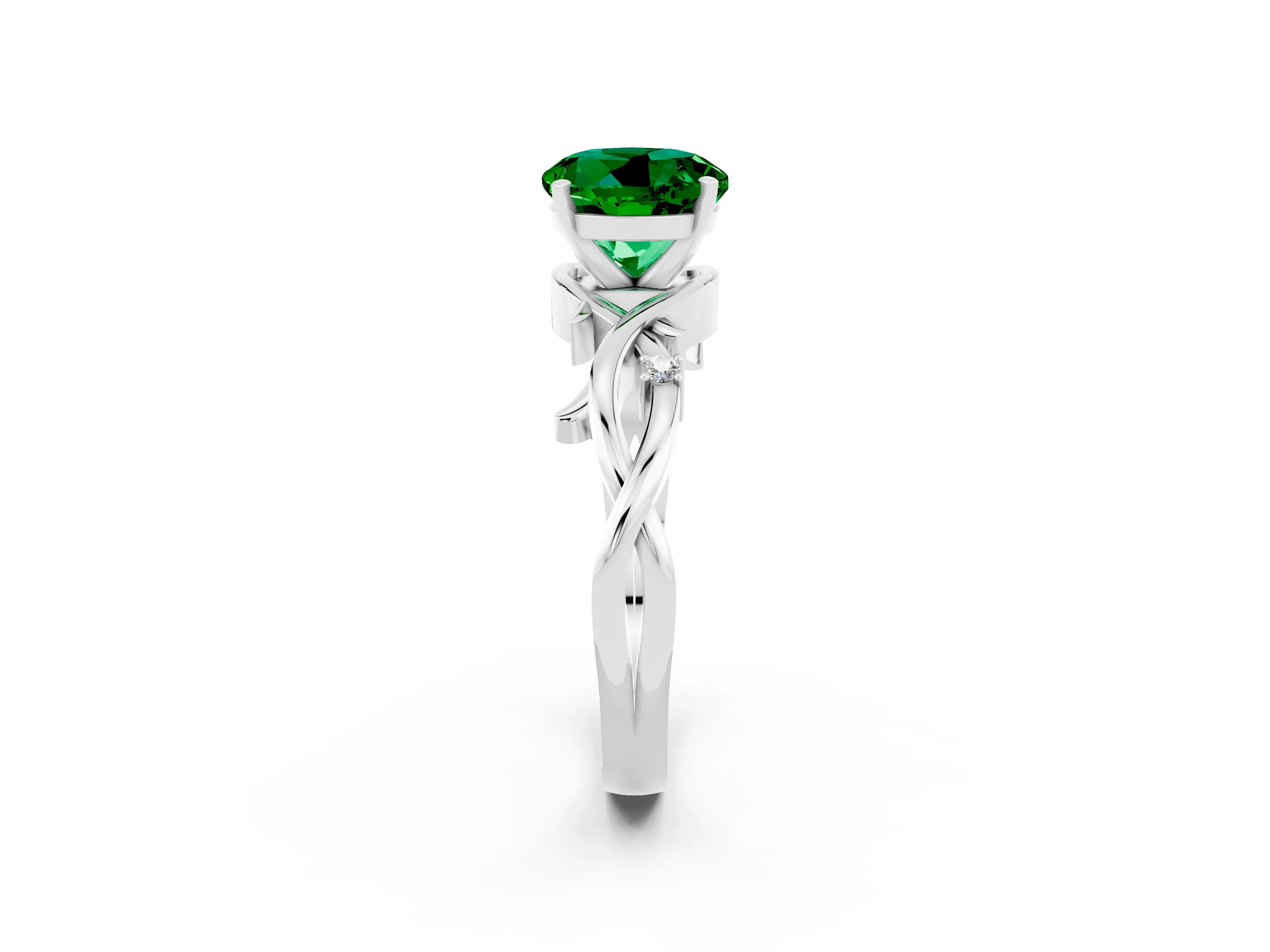White gold Round Cut Emerald Solitaire Ring with Twisted Band and Prong Setting_2