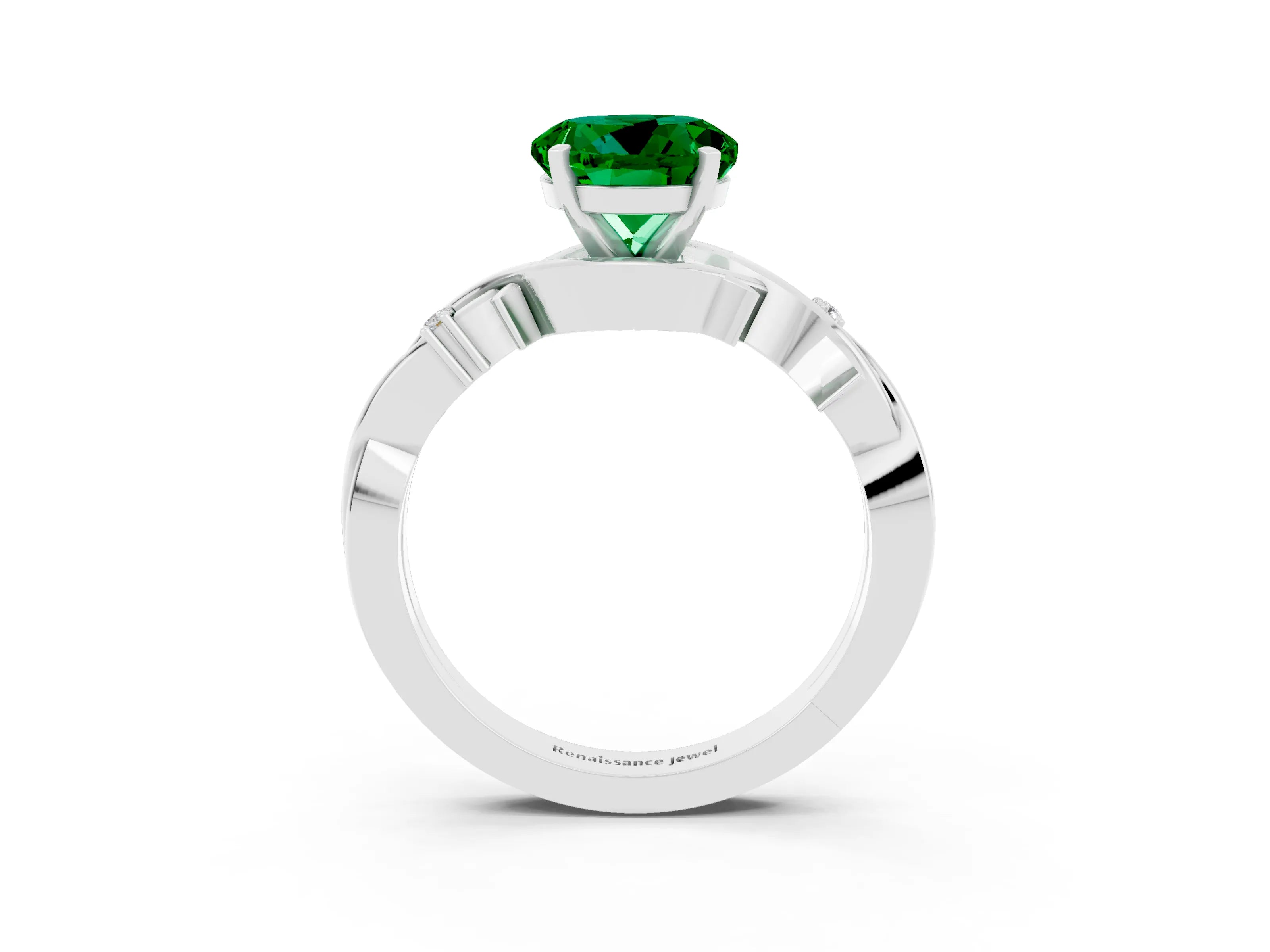 White gold Round Cut Emerald Solitaire Ring with Twisted Band and Prong Setting_3