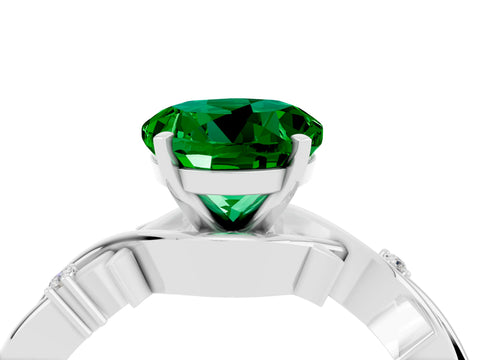 White gold Round Cut Emerald Solitaire Ring with Twisted Band and Prong Setting_4