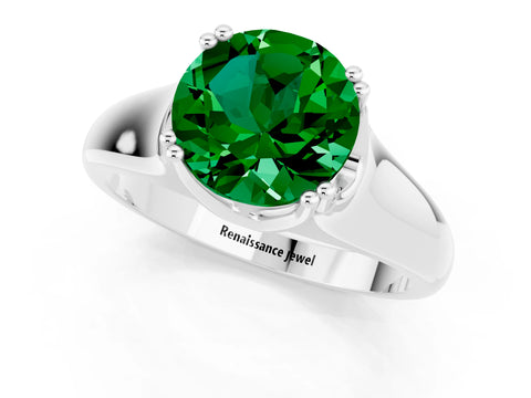 White gold Round Cut Emerald Solitaire Ring with Wide Band and Prong Setting_1