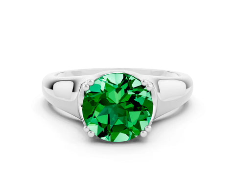 White gold Round Cut Emerald Solitaire Ring with Wide Band and Prong Setting