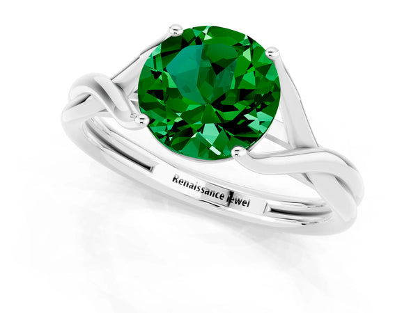 White gold Round Cut Emerald Solitaire Twist Band Prong Setting Ring