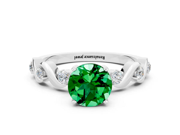 White gold Round Cut Emerald Solitaire Twisted Band with Round  Accents and Prong Setting