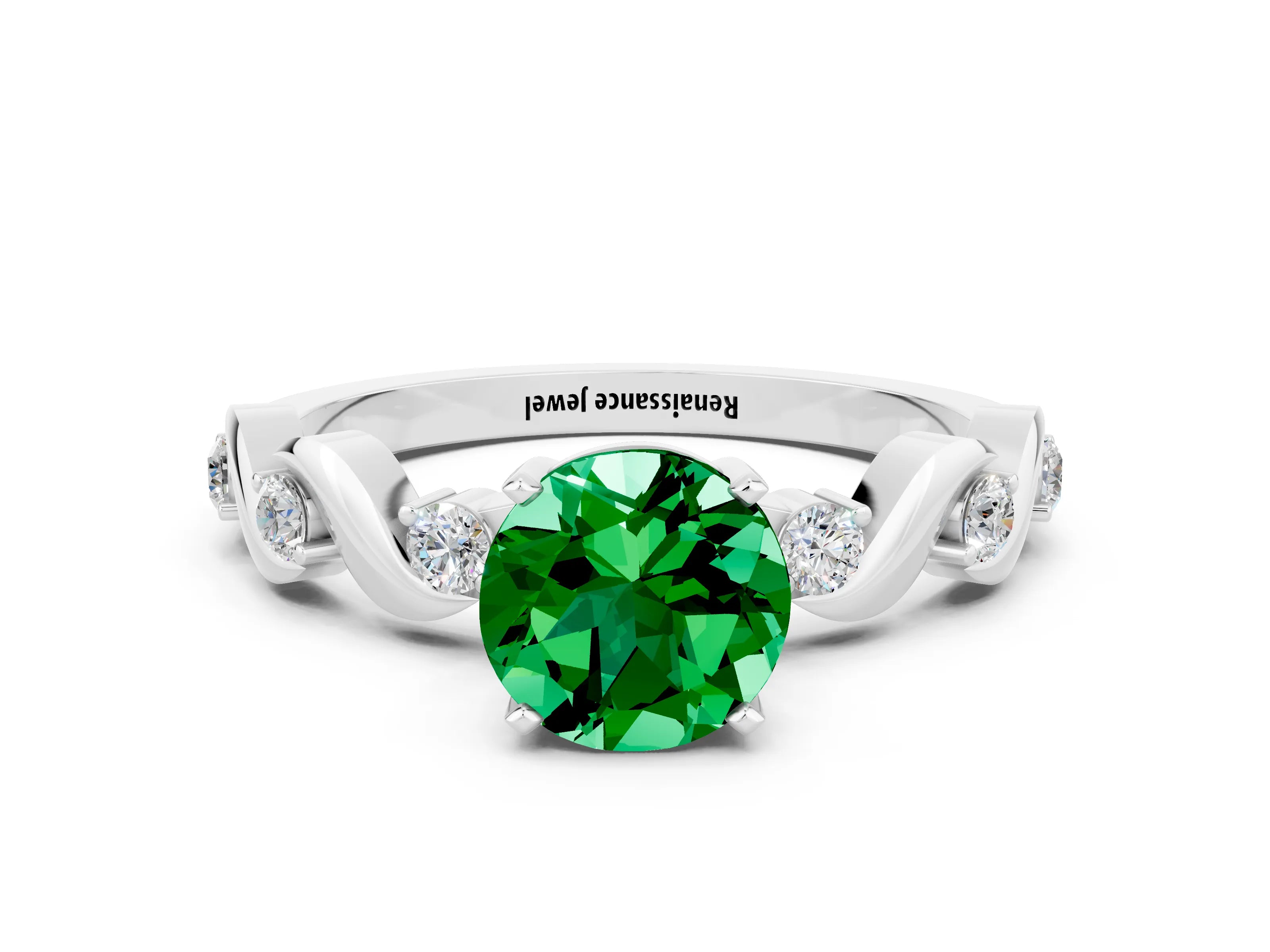 White gold Round Cut Emerald Solitaire Twisted Band with Round  Accents and Prong Setting_12