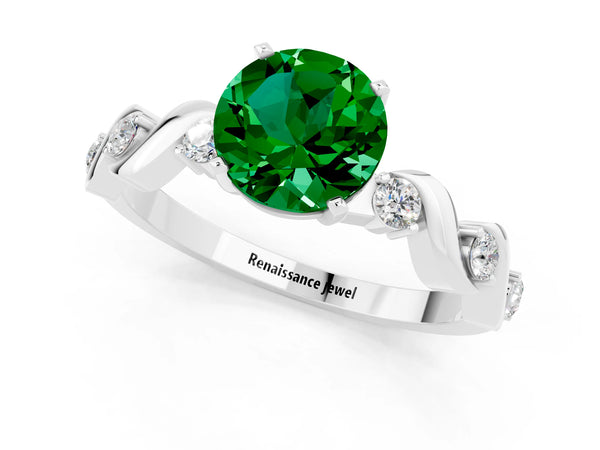 White gold Round Cut Emerald Solitaire Twisted Band with Round  Accents and Prong Setting