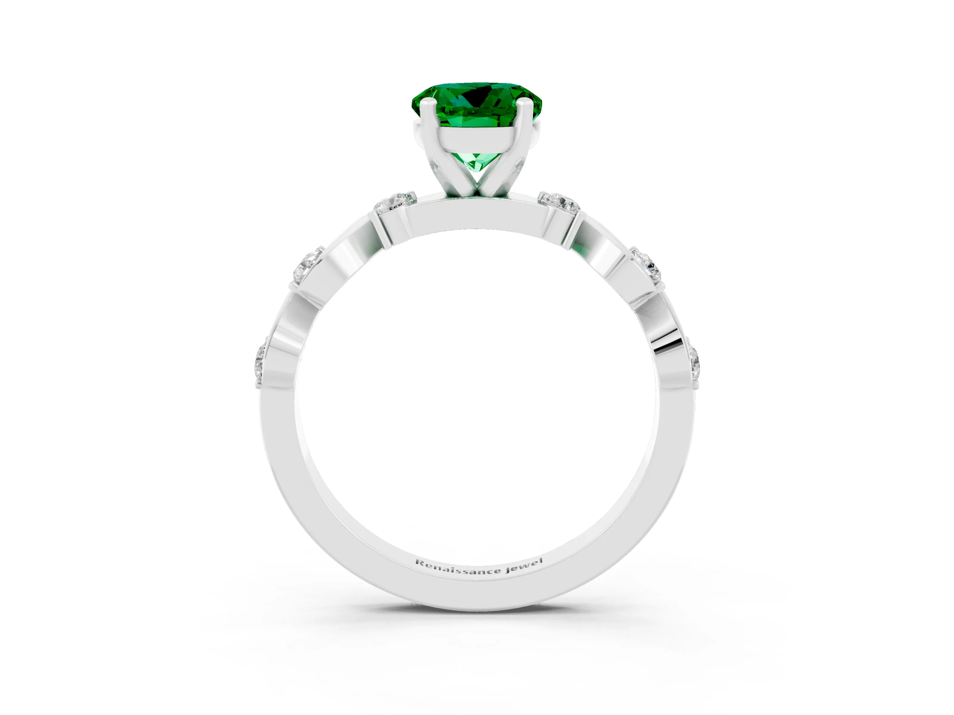 White gold Round Cut Emerald Solitaire Twisted Band with Round  Accents and Prong Setting_15