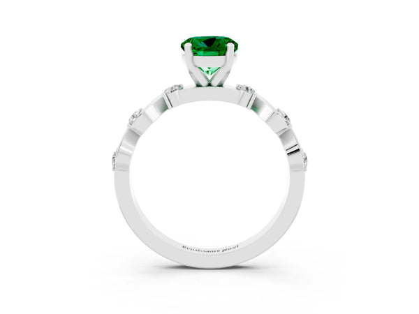 White gold Round Cut Emerald Solitaire Twisted Band with Round  Accents and Prong Setting