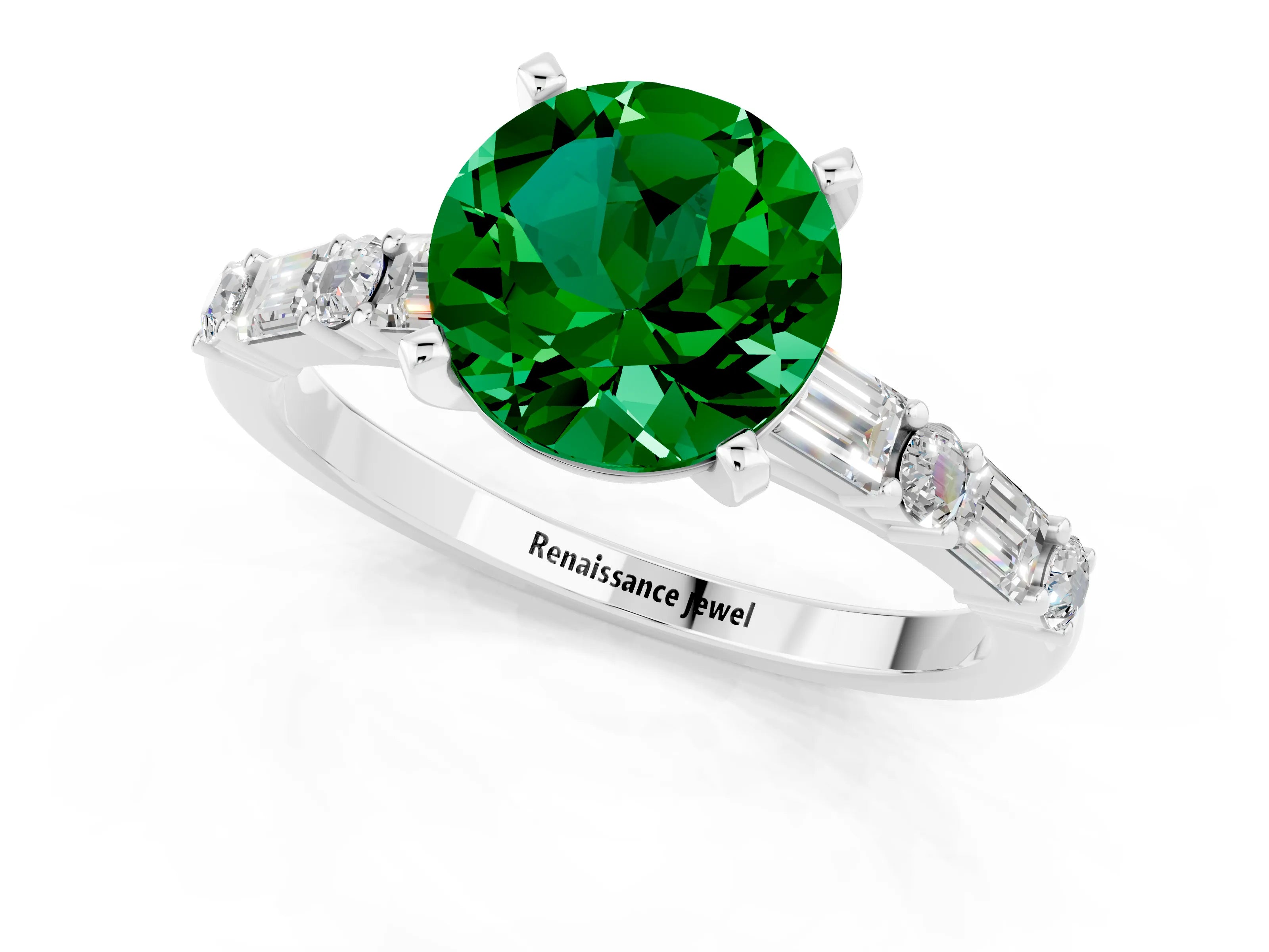 White gold Round Cut Emerald Solitaire with Side Baguettes and Channel Set Band_1