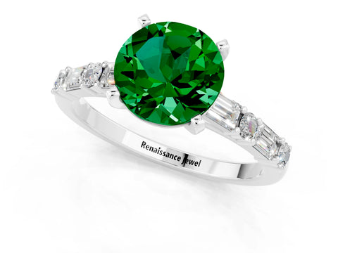 White gold Round Cut Emerald Solitaire with Side Baguettes and Channel Set Band_1