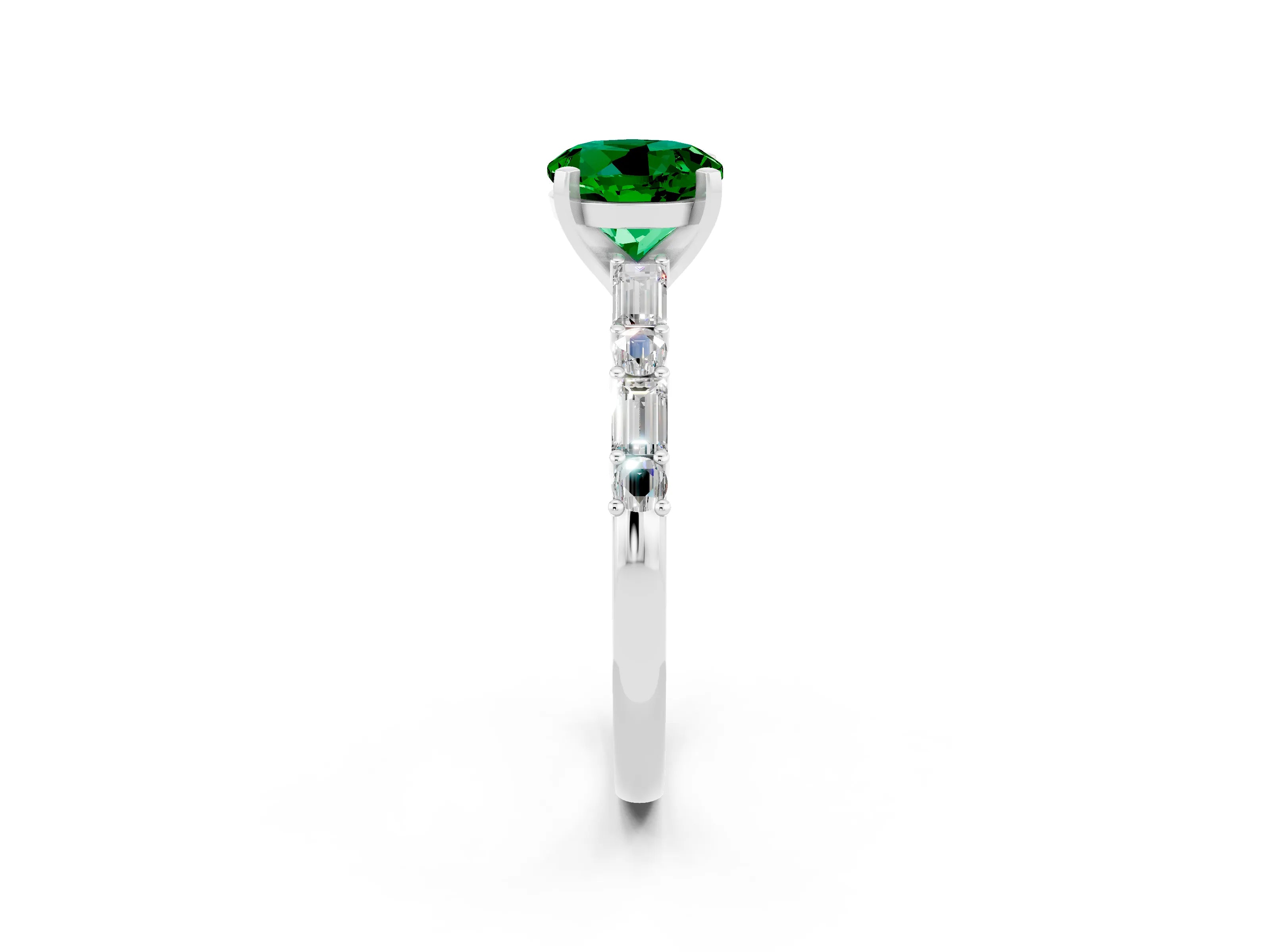 White gold Round Cut Emerald Solitaire with Side Baguettes and Channel Set Band_2