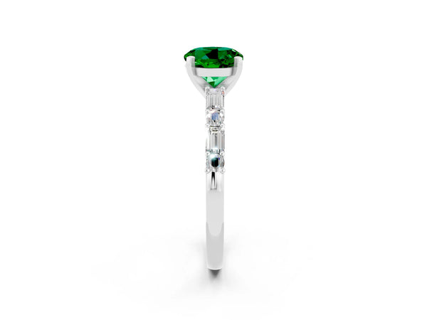 White gold Round Cut Emerald Solitaire with Side Baguettes and Channel Set Band