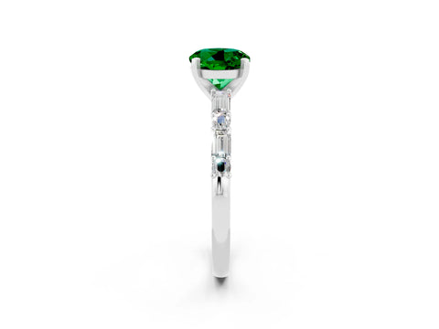 White gold Round Cut Emerald Solitaire with Side Baguettes and Channel Set Band_2