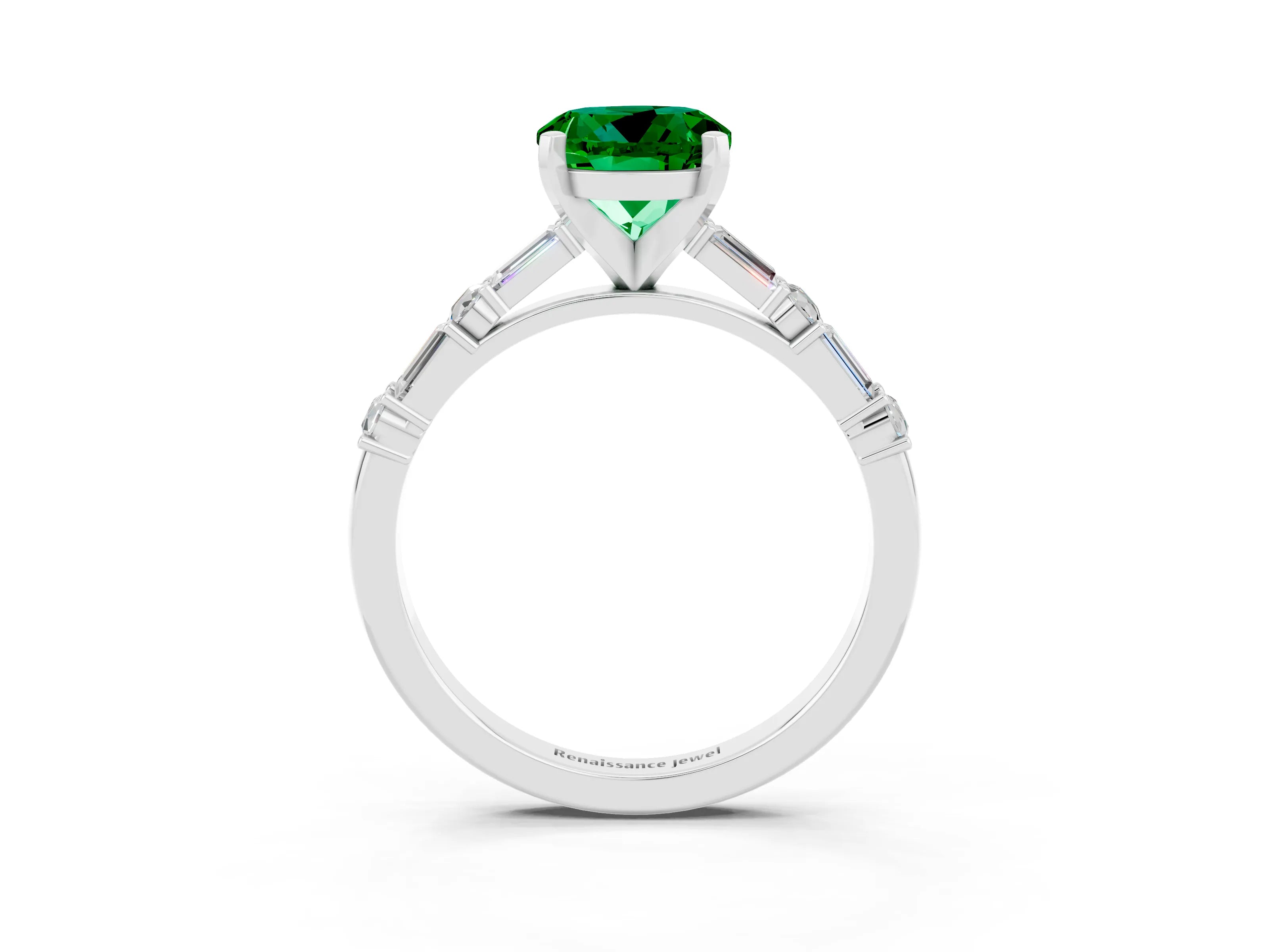 White gold Round Cut Emerald Solitaire with Side Baguettes and Channel Set Band_3