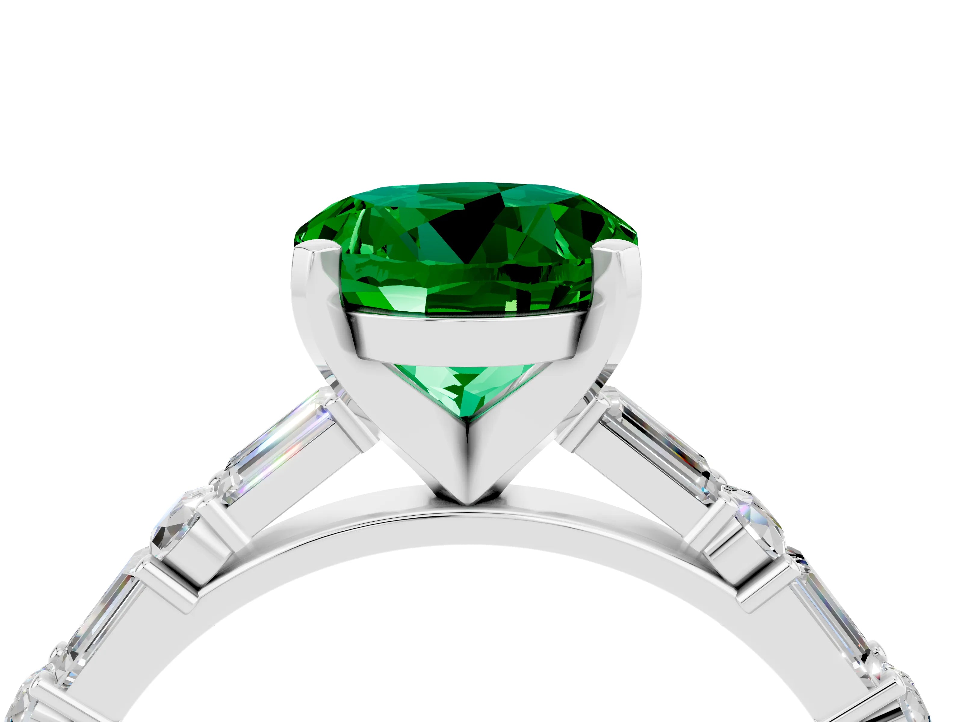 White gold Round Cut Emerald Solitaire with Side Baguettes and Channel Set Band_4