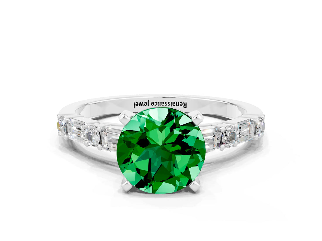 White gold Round Cut Emerald Solitaire with Side Baguettes and Channel Set Band