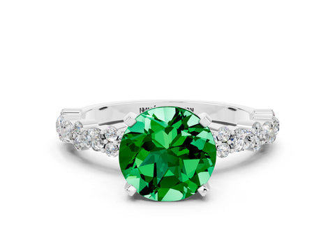 White gold Round Cut Emerald Solitaire with Side Stones, Pave Band, Four-Prong Setting_24