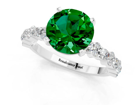 White gold Round Cut Emerald Solitaire with Side Stones, Pave Band, Four-Prong Setting_25