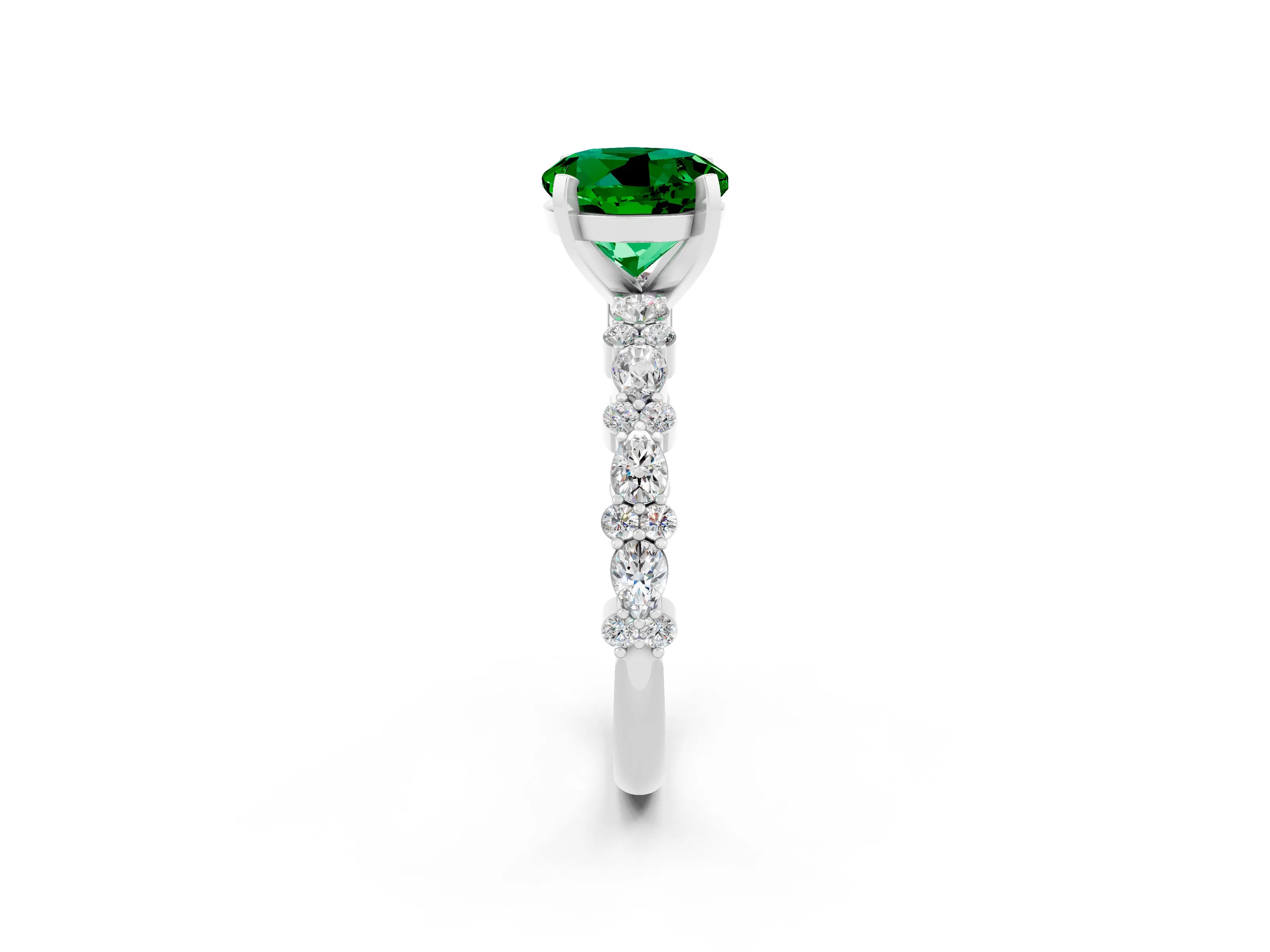 White gold Round Cut Emerald Solitaire with Side Stones, Pave Band, Four-Prong Setting_26