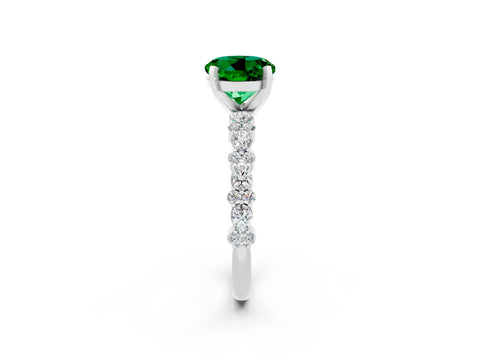 White gold Round Cut Emerald Solitaire with Side Stones, Pave Band, Four-Prong Setting_26