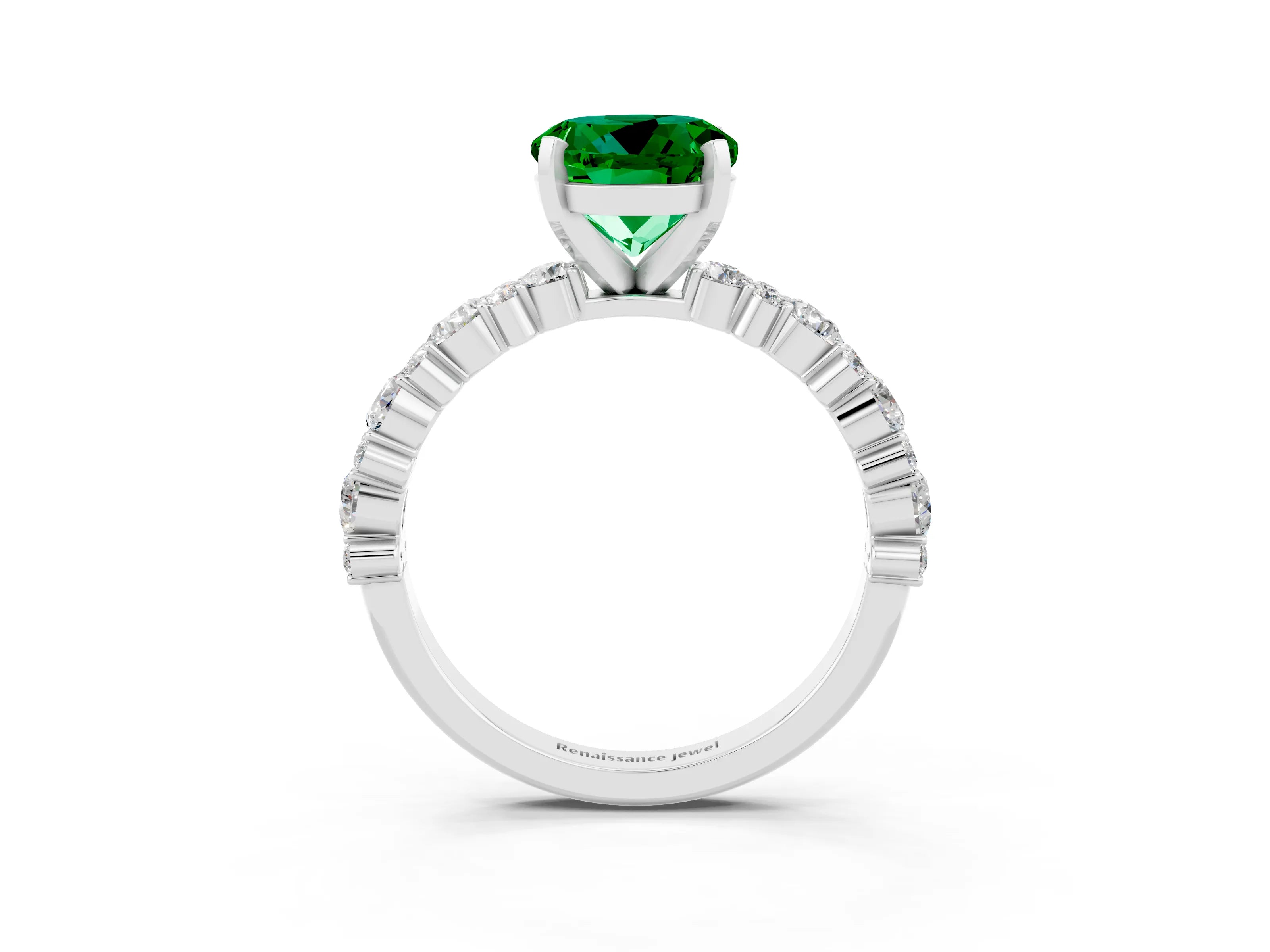 White gold Round Cut Emerald Solitaire with Side Stones, Pave Band, Four-Prong Setting_27
