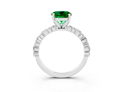 White gold Round Cut Emerald Solitaire with Side Stones, Pave Band, Four-Prong Setting_27