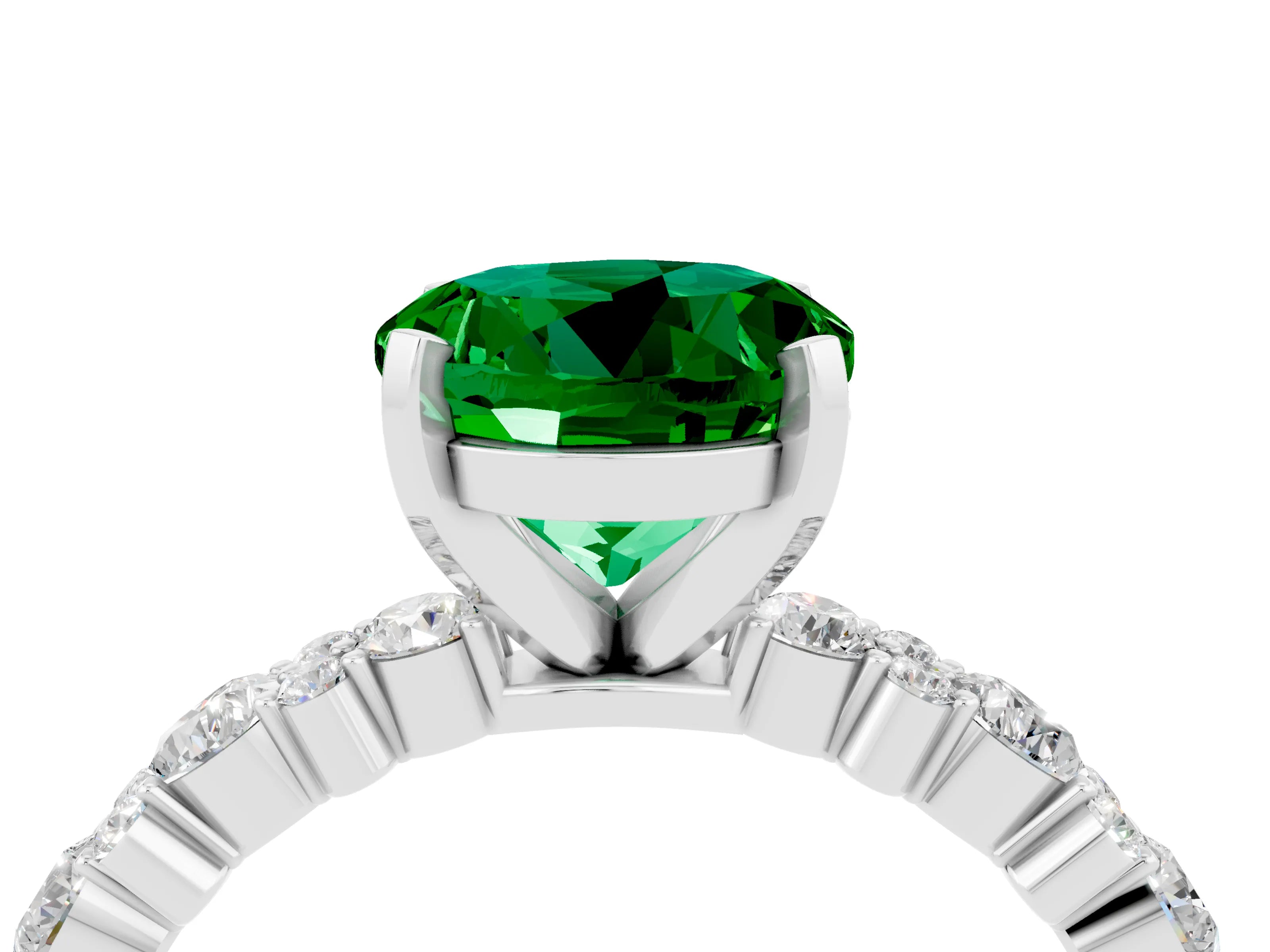White gold Round Cut Emerald Solitaire with Side Stones, Pave Band, Four-Prong Setting_28