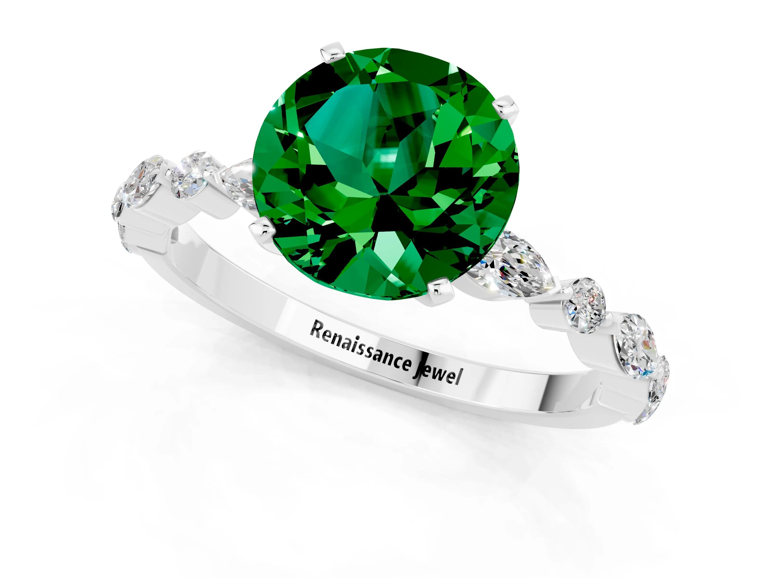 White gold Round Cut Emerald Solitaire with Side Stones on a Pavé Band and Four-Prong Setting_1