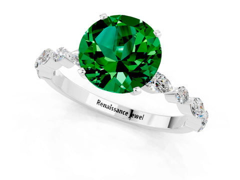 White gold Round Cut Emerald Solitaire with Side Stones on a Pavé Band and Four-Prong Setting_1