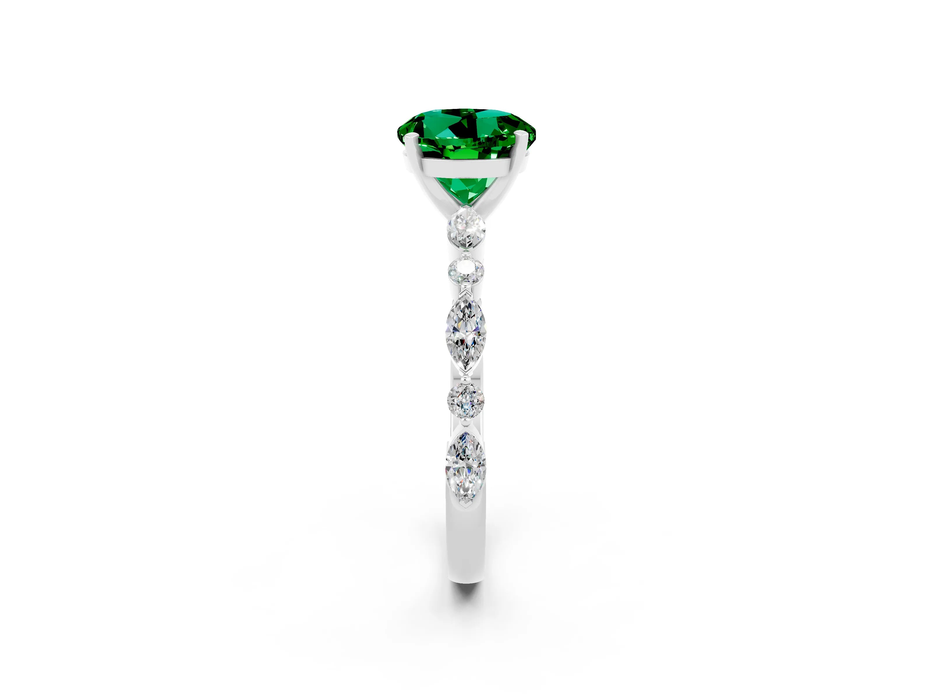 White gold Round Cut Emerald Solitaire with Side Stones on a Pavé Band and Four-Prong Setting_2