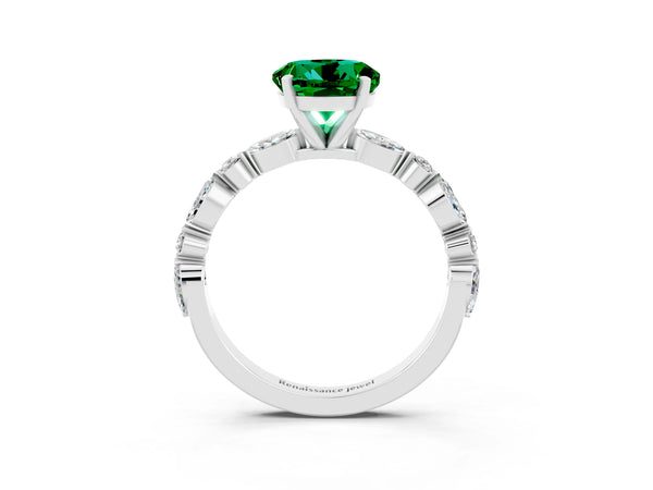 Platinum Round Cut Emerald Ring with Marquise and Round  Side Stones and Four-Prong Setting