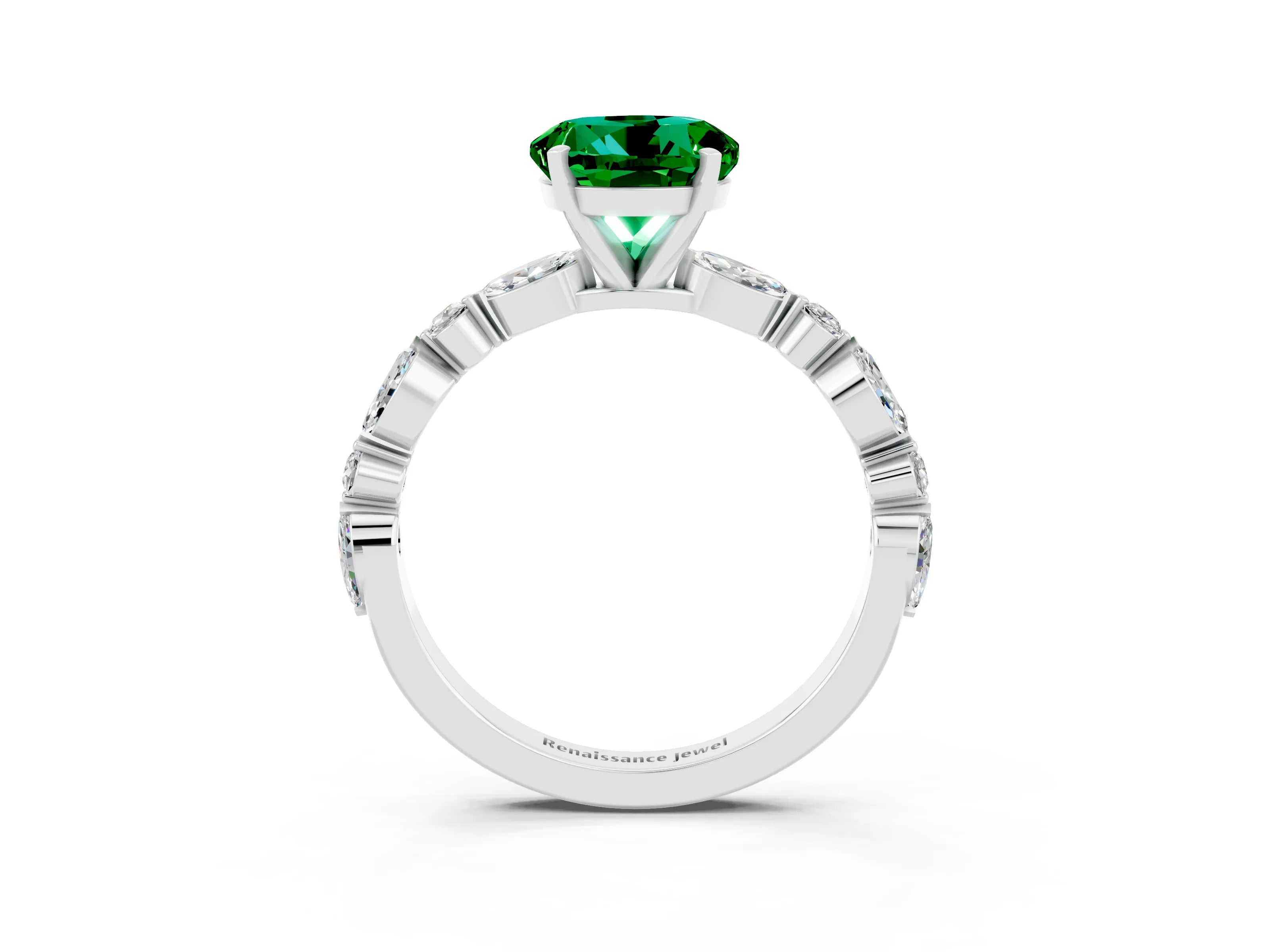 White gold Round Cut Emerald Solitaire with Side Stones on a Pavé Band and Four-Prong Setting_3