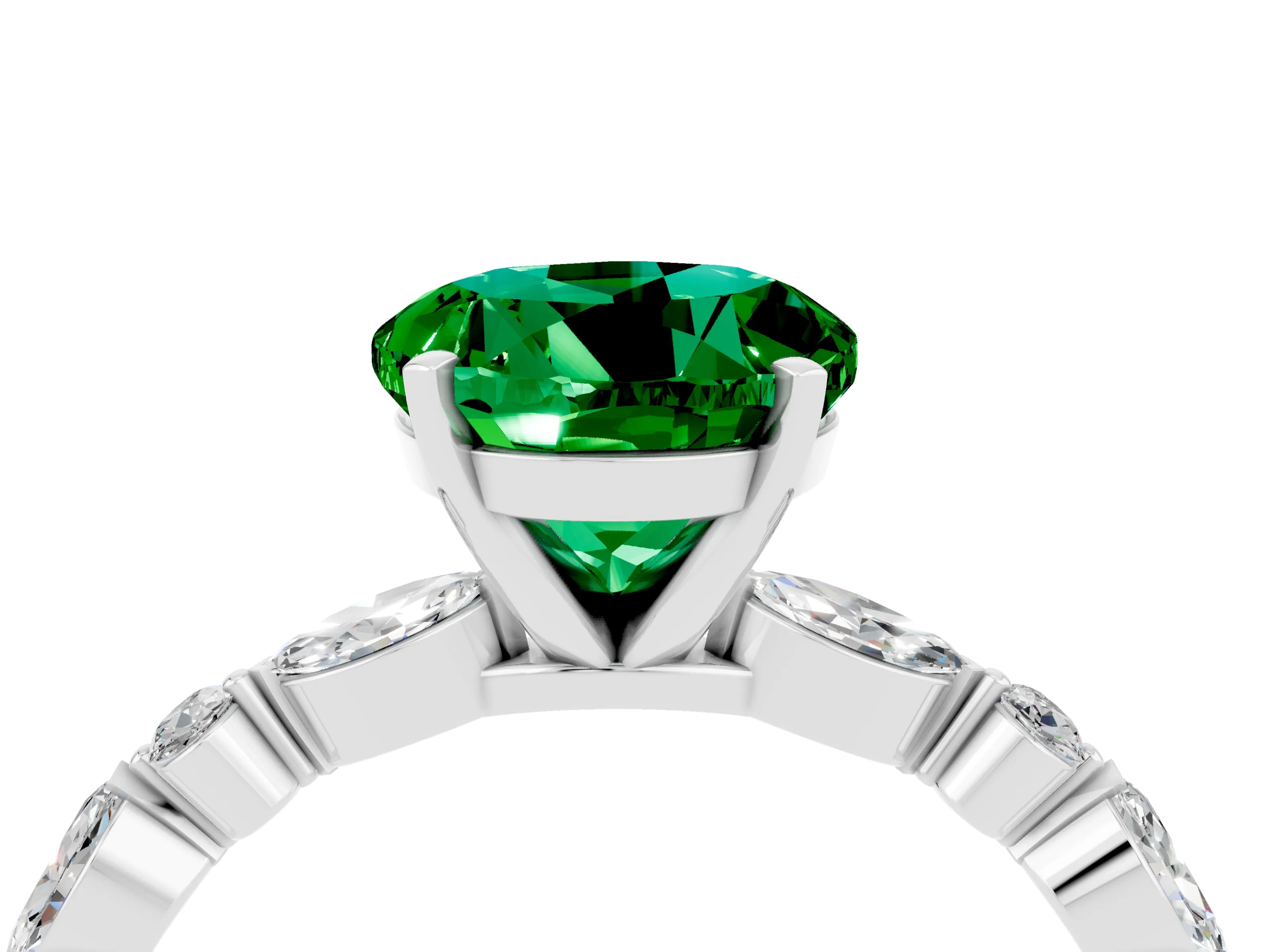 White gold Round Cut Emerald Solitaire with Side Stones on a Pavé Band and Four-Prong Setting_4